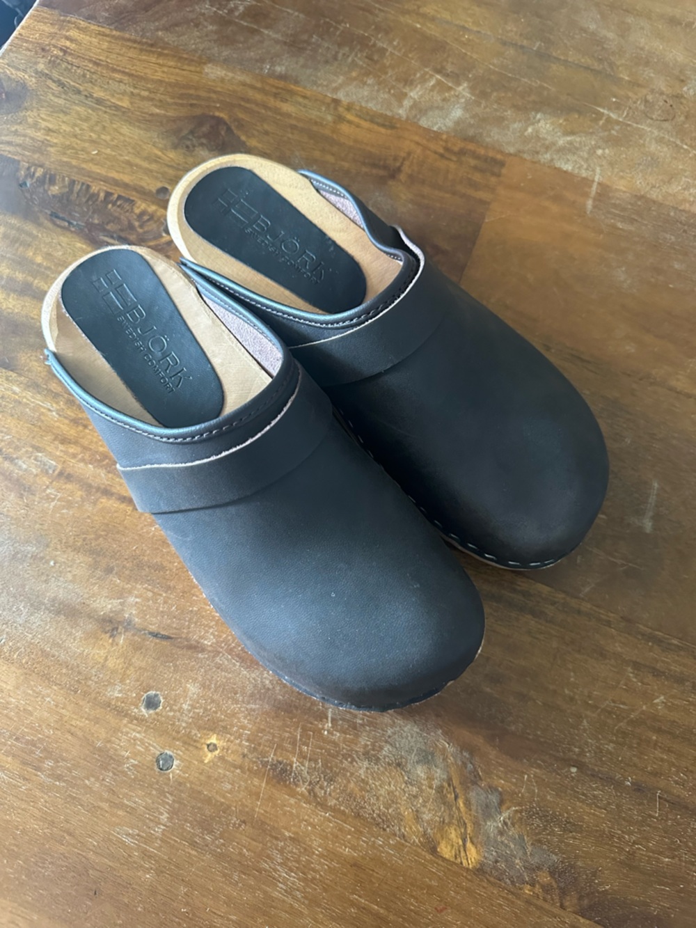 Björk dark brown Leather Slip-On‎ Wooden bottom Swedish Clogs EURO 38